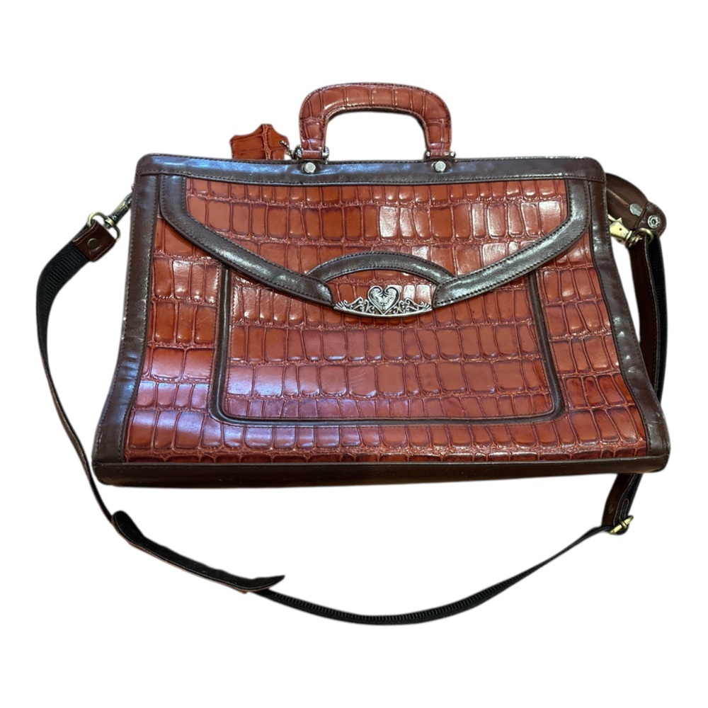 90s MARC CHANTEL BROWN CROCODILE-EMBOSSED & LEATHER TRIM CASE EMBOSSED HARDWARE - Picture 2 of 15